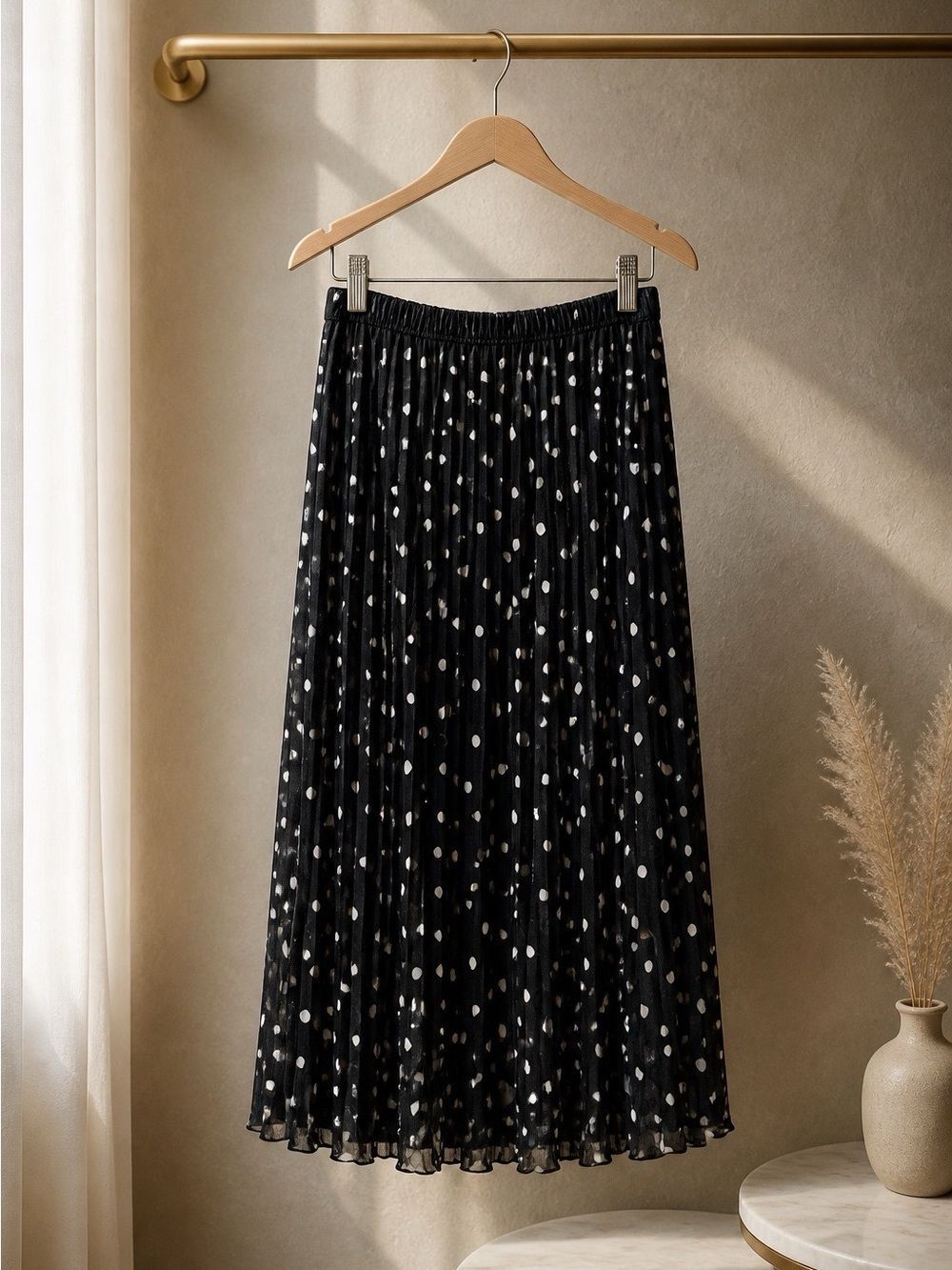 Avenue Black Midi Skirt with White Polka Dots